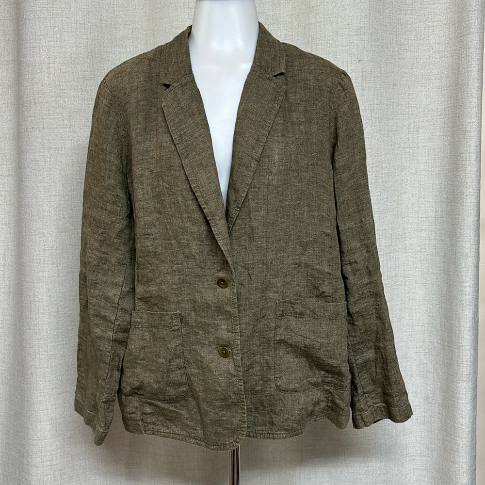 EILEEN FISHER moss green brown ORGANIC Linen relaxed blazer jacket